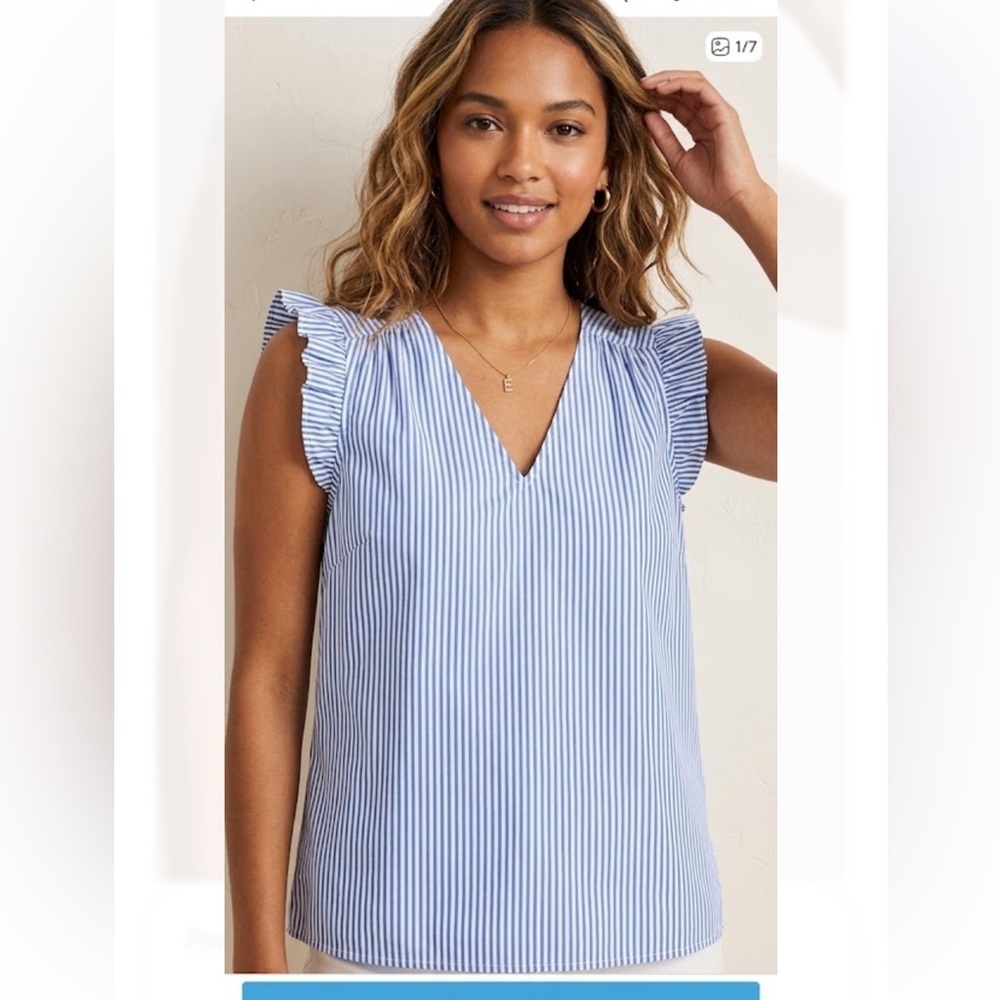 J. Crew Blue and White Striped V-Neck Ruffle Sleeve Tank